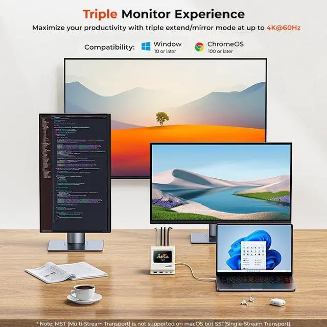 Alt view image 2 of 5 - RayCue 128K SE Docking Station Triple Monitor, Digital Clock/Photo Frame,13-in-1 USBC Dock Triple 4K Display for MacBook Windows, 3 HDMI, USB C Data, Ethernet, Audio, 5 USBA Ports, 45W Power Adapter