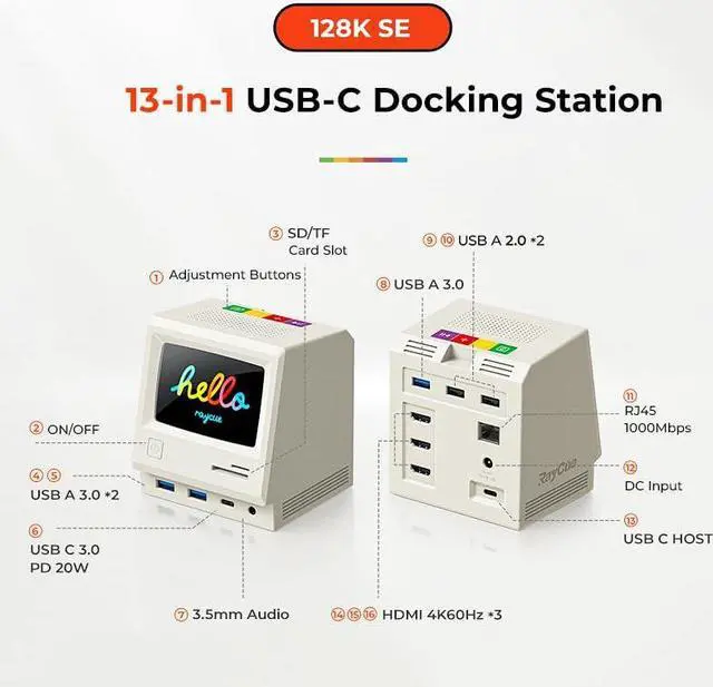 Alt view image 3 of 5 - RayCue 128K SE Docking Station Triple Monitor, Digital Clock/Photo Frame,13-in-1 USBC Dock Triple 4K Display for MacBook Windows, 3 HDMI, USB C Data, Ethernet, Audio, 5 USBA Ports, 45W Power Adapter