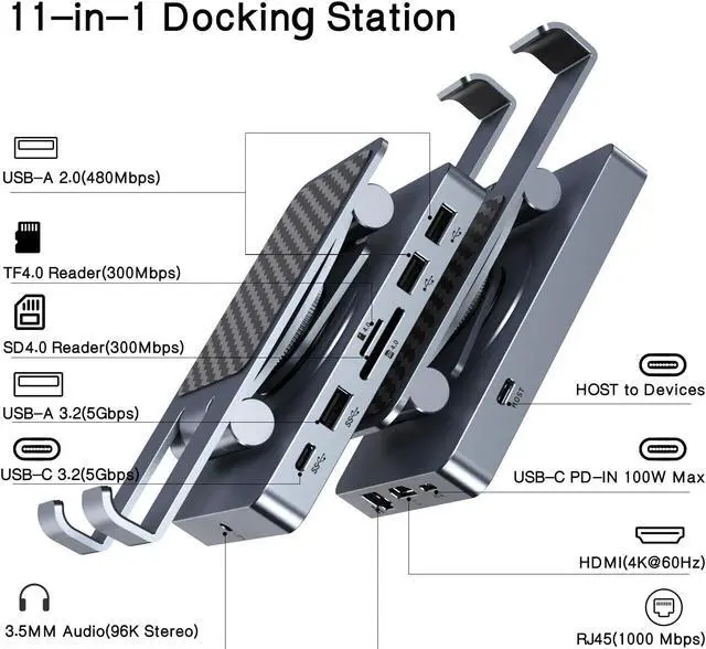 Alt view image 4 of 5 - Versatile USB C Docking Station for iPad, 11-in-1 with SD TF 4.0 Reader, 4K@60Hz HDMI, RJ45, Audio, USB A, USB C, Rotatable Dock for Tablet, iPad/Pro, Steam Deck, ROG Ally, Legion Go, with 65W Adapter