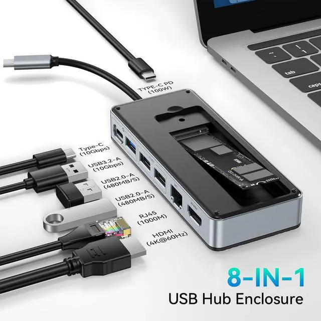 Alt view image 3 of 5 - Yottamaster USB C Hub with 4TB M.2 NVMe SSD Enclosure, 8 Ports USB C HUB Adapter 10Gbps USB 3.2 Gen2, 4K@60Hz HDMI, 100W PD, Ethernet for Windows, Mac [Diskless] - YM28PR