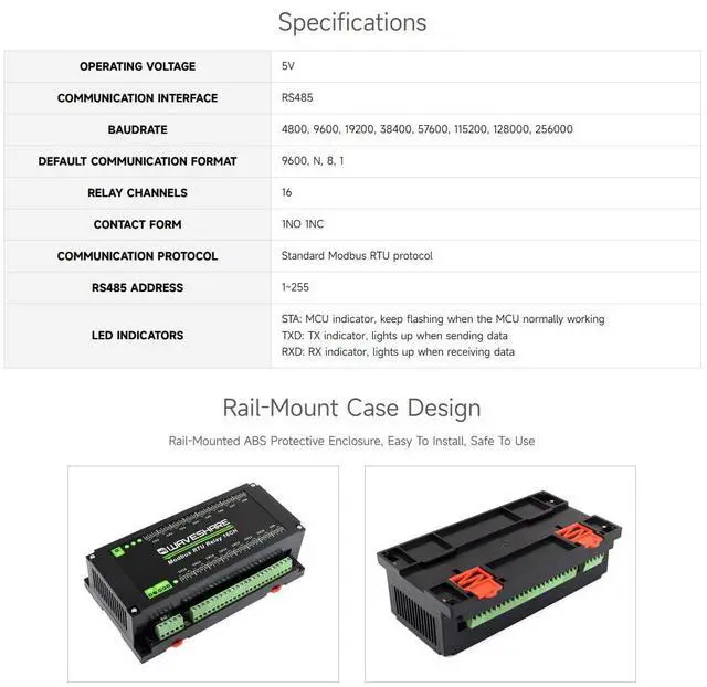 Alt view image 3 of 5 - Waveshare Modbus RTU 16-Ch Relay Module, RS485 Interface, with Multiple Isolation Protection Circuits, Industrial-Grade, Rail-Mount Case