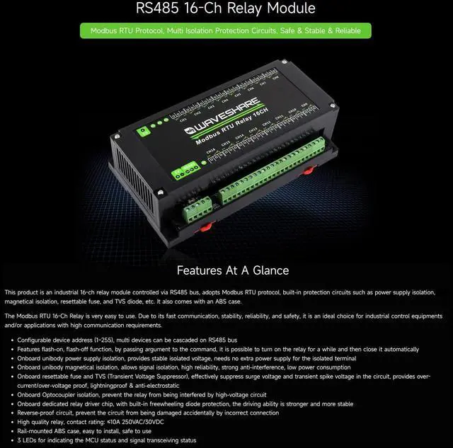 Alt view image 2 of 5 - Waveshare Modbus RTU 16-Ch Relay Module, RS485 Interface, with Multiple Isolation Protection Circuits, Industrial-Grade, Rail-Mount Case