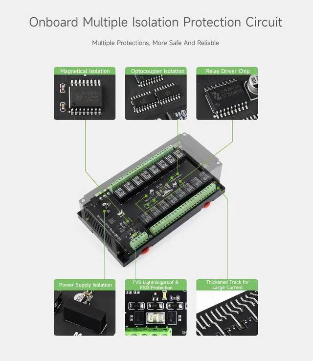 Alt view image 4 of 5 - Waveshare Modbus RTU 16-Ch Relay Module, RS485 Interface, with Multiple Isolation Protection Circuits, Industrial-Grade, Rail-Mount Case
