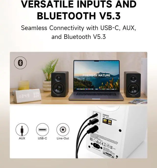 Alt view image 5 of 5 - Edifier M60 Multimedia Speaker Bluetooth 5.3, 66W RMS, Hi-Res Audio & Hi-Res Wireless Audio, LDAC,3" Mid Bass & 1" Tweeter, USB-C & Aux Inputs, Compact Desktop Speaker - Black