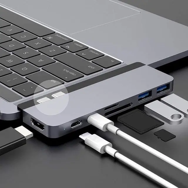 Main image of HyperDrive USB C Hub, Hyper Duo 7-in-2 USB C Adapter - MacBook Pro Adapter with Magnetic Grip, 4K HDMI, USB-C 40Gbps 100W PD, 3.1 USB-A, MicroSD/SD - Space Gray