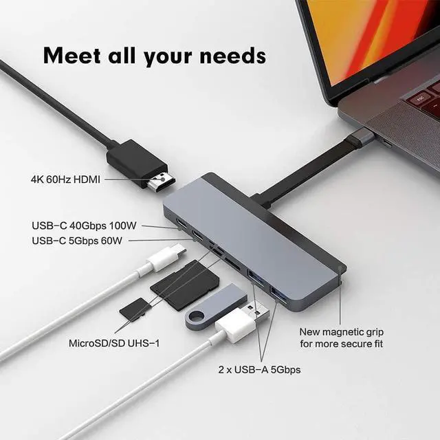 Alt view image 5 of 5 - HyperDrive USB C Hub, Hyper Duo 7-in-2 USB C Adapter - MacBook Pro Adapter with Magnetic Grip, 4K HDMI, USB-C 40Gbps 100W PD, 3.1 USB-A, MicroSD/SD - Space Gray