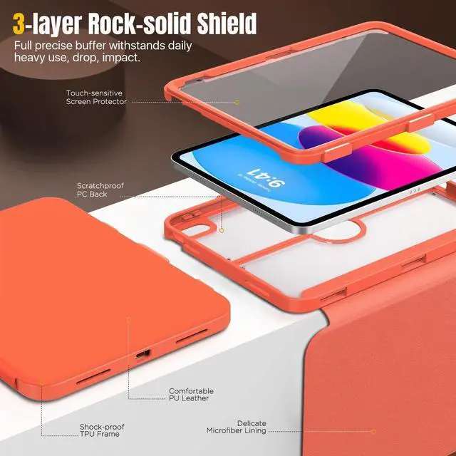 Alt view image 3 of 5 - MoKo for iPad 11-inch (A16) 11th Generation Case 2025/ iPad 10th Generation Case with Pencil Holder 2022 10.9 inch, Built-in Screen Protector Clear Back, Multi Angle Viewing Stand,Orange