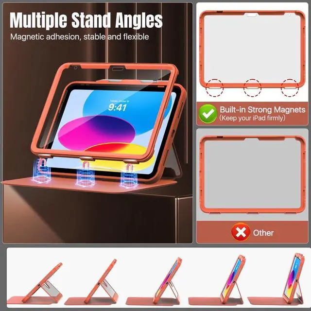 Alt view image 4 of 5 - MoKo for iPad 11-inch (A16) 11th Generation Case 2025/ iPad 10th Generation Case with Pencil Holder 2022 10.9 inch, Built-in Screen Protector Clear Back, Multi Angle Viewing Stand,Orange
