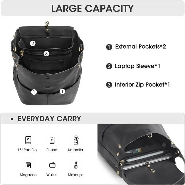 Alt view image 5 of 5 - Kattee Leather Backpack Purse for Women Travel Fashion Designer Ladies Laptop Backpack, Black