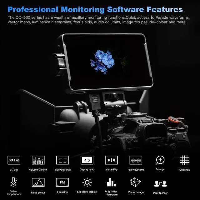 Alt view image 2 of 5 - VILTROX DC 550 5.5" Camera Field Monitor for DSLR Touchscreen Camera Monitor 4K with Sunshade Hood Video Monitors for Sony Canon Nikon 3D LUT HDR 4K HDMI in and Out Exposure Focus Assist Waveform