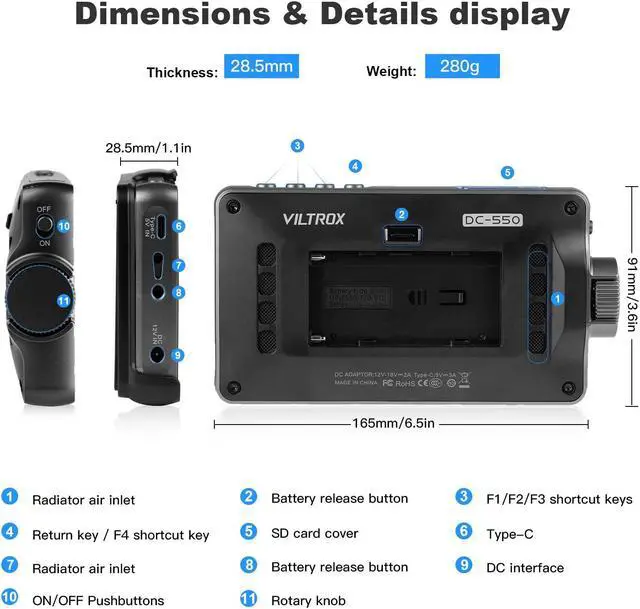 Alt view image 5 of 5 - VILTROX DC 550 5.5" Camera Field Monitor for DSLR Touchscreen Camera Monitor 4K with Sunshade Hood Video Monitors for Sony Canon Nikon 3D LUT HDR 4K HDMI in and Out Exposure Focus Assist Waveform