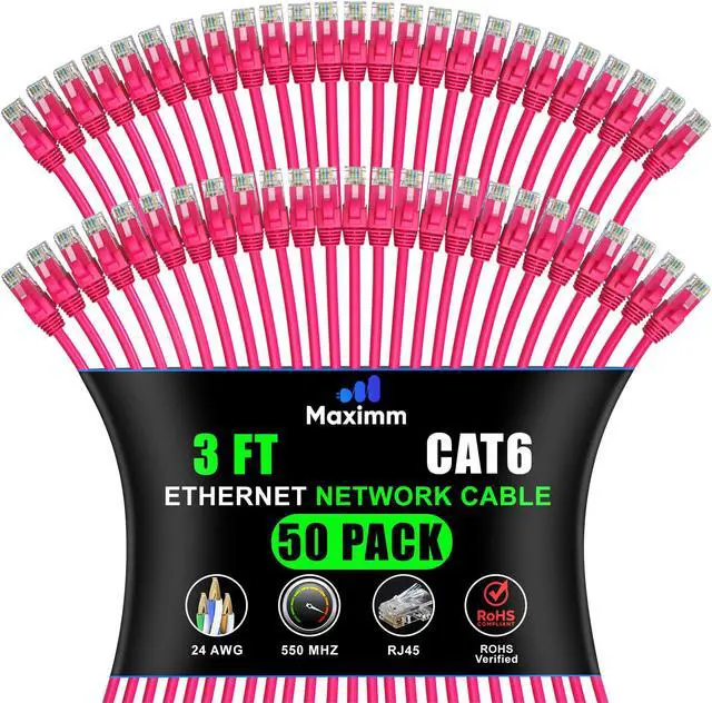 Main image of Maximm Cat 6 Ethernet Cable 3 ft (50-Pack) - High-Speed LAN Cable, Internet Cable, Patch Cable, and Network Cable - UTP, 10Gbps, 550MHz Ethernet Cord - Pink