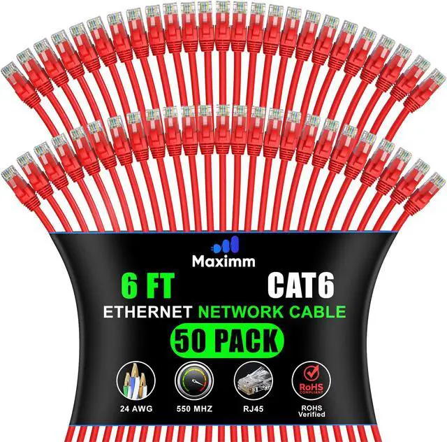 Main image of Maximm Cat 6 Ethernet Cable 6 Ft, (50-Pack) Cat6 Cable, LAN Internet and Network - UTP (Red) 6 Feet