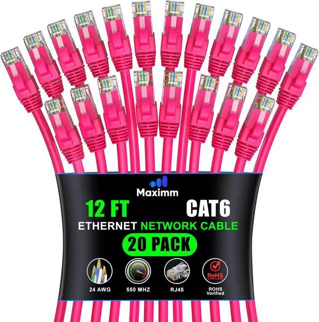 Main image of Maximm Cat 6 Ethernet Cable 12 ft (20-Pack) - High-Speed LAN Cable, Internet Cable, Patch Cable, and Network Cable - UTP, 10Gbps, 550MHz Ethernet Cord - Pink