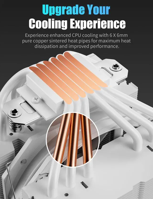 Alt view image 2 of 5 - upHere CPU Cooler Air, Dual Tower CPU Cooler with 120mm PWM Fan, 6 Heat Pipes CPU Air Cooler for AM5/AM4/AM3, Cooler for PC Compatible with Intel LGA 1700/1150/2011/2066/1151/1155/1156(White)