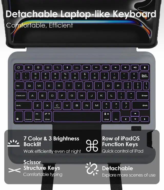 Alt view image 4 of 5 - Nillkin Carry Go Keyboard Case for iPad Pro 11 inch (M4) 2024 with Handle, Rugged Case with Detachable Keyboard for iPad Pro 11, Magic Trackpad, 7 Colors Backlit, Camera Cover, Black