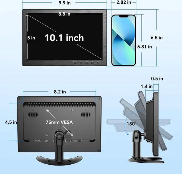 Alt view image 5 of 5 - Eyoyo 10.1 inch Security Monitor 1366x768 Resolution, Small HDMI Monitor Supporting HDMI VGA AV BNC USB Input, Small Monitor with Built-in Speakers and Remote Control for PC CCTV Camera X-Box