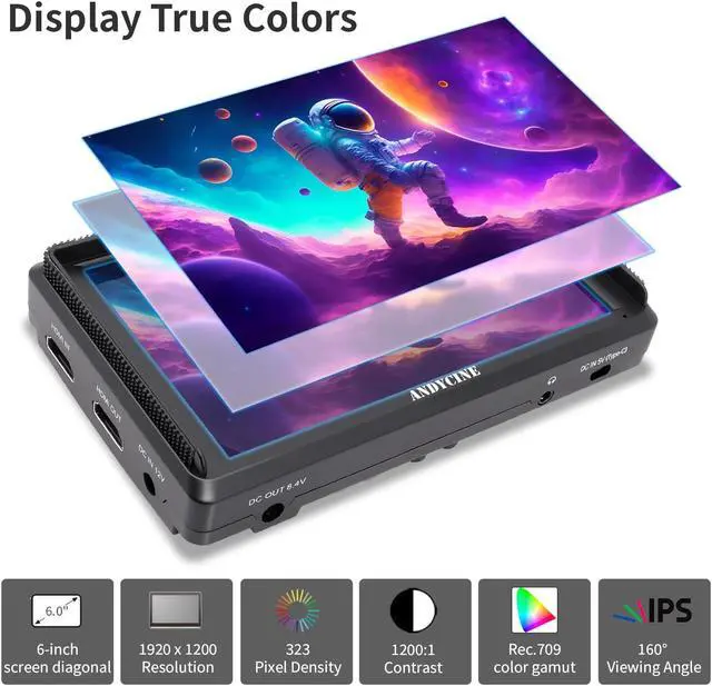 Alt view image 2 of 5 - ANDYCINE A6 V2 6 Inch HDMI Field Monitor 1920x1080 Camera Fiedl Monitor Bundle with 4k HDMI in/Out Tilt Arm, Power Output, Battery & Carry Case Included