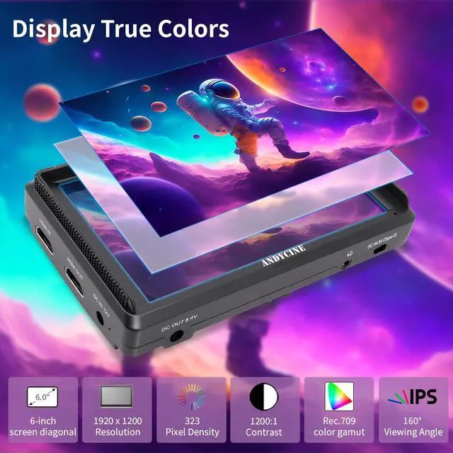 Alt view image 3 of 5 - ANDYCINE A6 V2 6 Inch HDMI Field Monitor 1920x1080 Camera Fiedl Monitor Bundle with 4k HDMI in/Out Tilt Arm, Power Output, Battery & Carry Case Included