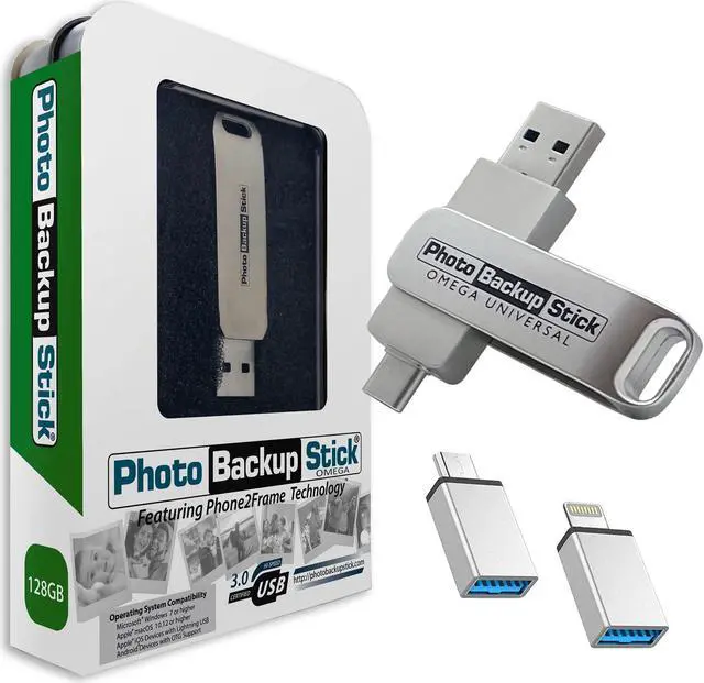 Main image of Photo Backup Stick Omega Universal Picture and Video Backup for Any Device - iPhone, Android, Computer, Tablets (128GB)