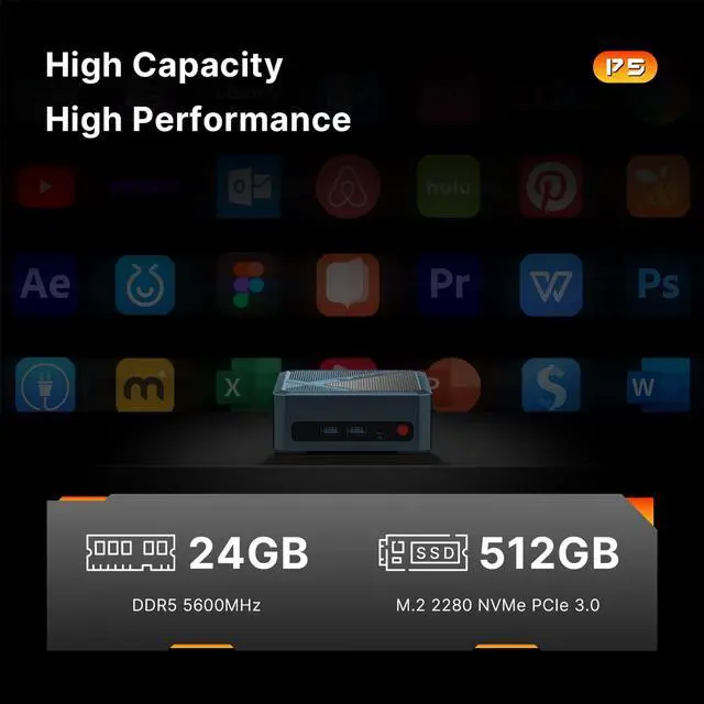 Alt view image 4 of 5 - BOSGAME P5 Mini PC, AMD Ryzen 5 6600H Mini Computers, 24GB Dual Channel DDR5 512GB NVMe SSD, Quad Display Desktop PC, 2.5G LAN, Wi-Fi 6E, BT 5.2