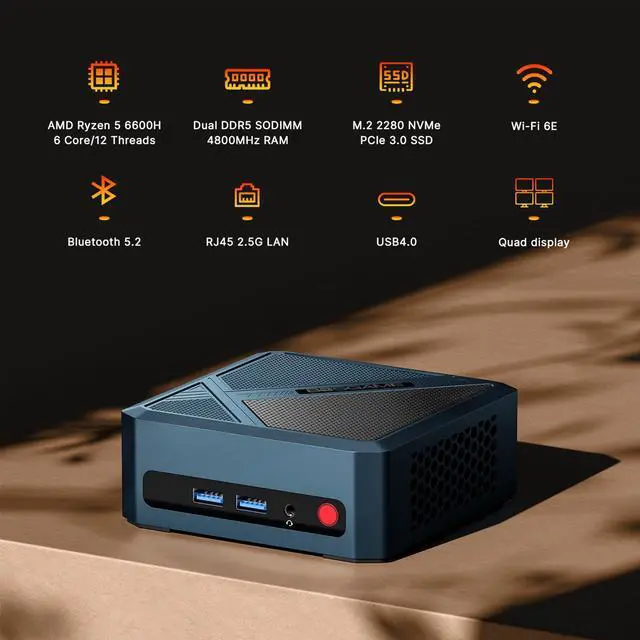 Alt view image 2 of 5 - BOSGAME P5 Mini PC, AMD Ryzen 5 6600H Mini Computers, 24GB Dual Channel DDR5 512GB NVMe SSD, Quad Display Desktop PC, 2.5G LAN, Wi-Fi 6E, BT 5.2