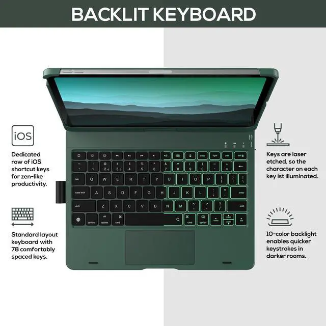 Alt view image 5 of 5 - typecase Touch Keyboard Case with Trackpad for iPad Air 11-inch (M3 2025 / M2 2024):360°Rotatable - 11 Colors Backlight - Wireless Keyboard with Pencil Holder for iPad Air 5th & 4th Gen,Midnight Green
