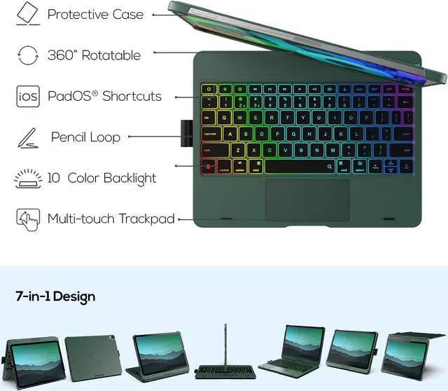 Alt view image 3 of 5 - typecase Touch Keyboard Case with Trackpad for iPad Air 11-inch (M3 2025 / M2 2024):360°Rotatable - 11 Colors Backlight - Wireless Keyboard with Pencil Holder for iPad Air 5th & 4th Gen,Midnight Green