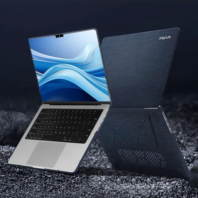 Alt view image 5 of 5 - MOSISO Compatible with MacBook Pro 14 inch Case 2025 2024 2023 2022 2021 M4 M3 M2 M1 A3112 A3185 A3401 A2918 A2992 A2779 A2442, Knit Fabric Coated Plastic Hard Case with Fold Kickstand, Haze Blue