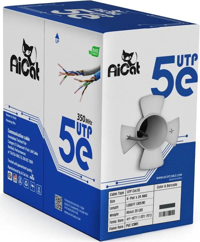 Main image of AiCat Cat 5e Ethernet Cable 1000ft, CMR- Insulated Solid Bare Copper Wire Cat5e Cable with FastReel, 24 AWG, ETL - 350MHZ / Gigabit Speed Unshielded UTP Network Cable (Gray)