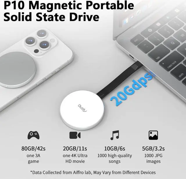 Alt view image 4 of 5 - Aiffro P10 Magnetic PSSD 1TB,for iPhone MagSafe Portable SSD, Upto 2000MB/s-Type-C, SM2320,USB 3.2 Gen 2x2 20Gbps, Connectivity, Updated Firmware - Portable Magnetic External Solid State Solution