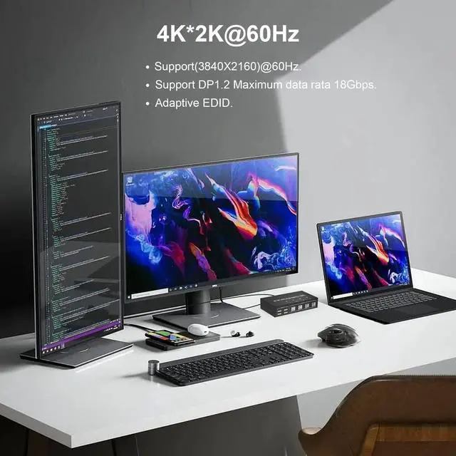 Alt view image 4 of 5 - 4 Port KVM Switch Dual Monitor Displayport 4K 60Hz, KVM Switch 2 Monitors 4 Computers with 4 USB 2.0 Hub, Dual Monitor Displayport KVM Switch Keyboard Mouse Switcher