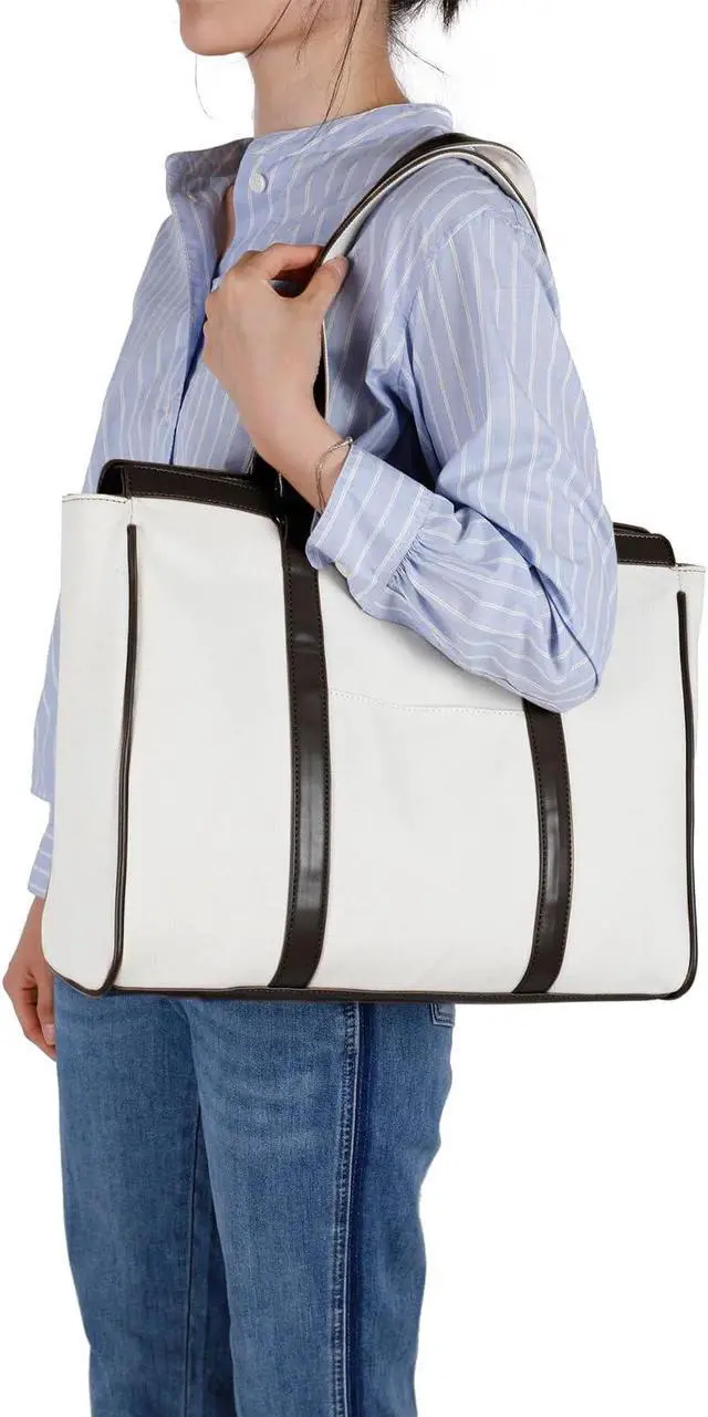 Alt view image 2 of 5 - Laptop Bag 15.6 Inch with Zipper Pockets Canvas Work Tote Bags for Women Teacher Ladies, White