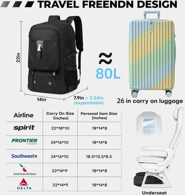 Alt view image 2 of 5 - Banlole 18.4 Inch Travel Backpack, 80L Water Resistant Backpacks with Shoe Compartment,College Travel Daypack Anti Theft with USB Charging Port,Extra Large Backpack for Men to Travel Work Business