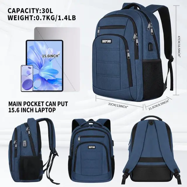 Alt view image 4 of 5 - Backpack for Men Women, School Backpack for Teens Boys Girls, Work Business Backpack with USB Charging Port,Water Resistant College Computer Bookbag Fits 15.6 Inch Laptop,Back Pack,Mochilas Blue