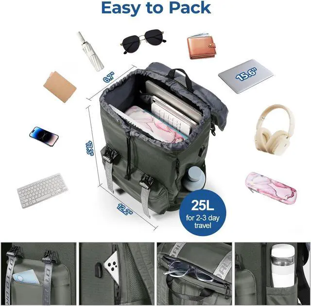 Alt view image 2 of 5 - Bokeer 15.6 Inch Laptop Travel Backpack, Water Resistant Anti-Theft Vintage Flap Backpack with USB Charging Port for College, Casual Daypacks, Work Bag for Men and Women, 25L, Grey