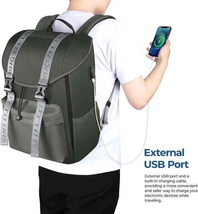 Alt view image 4 of 5 - Bokeer 15.6 Inch Laptop Travel Backpack, Water Resistant Anti-Theft Vintage Flap Backpack with USB Charging Port for College, Casual Daypacks, Work Bag for Men and Women, 25L, Grey