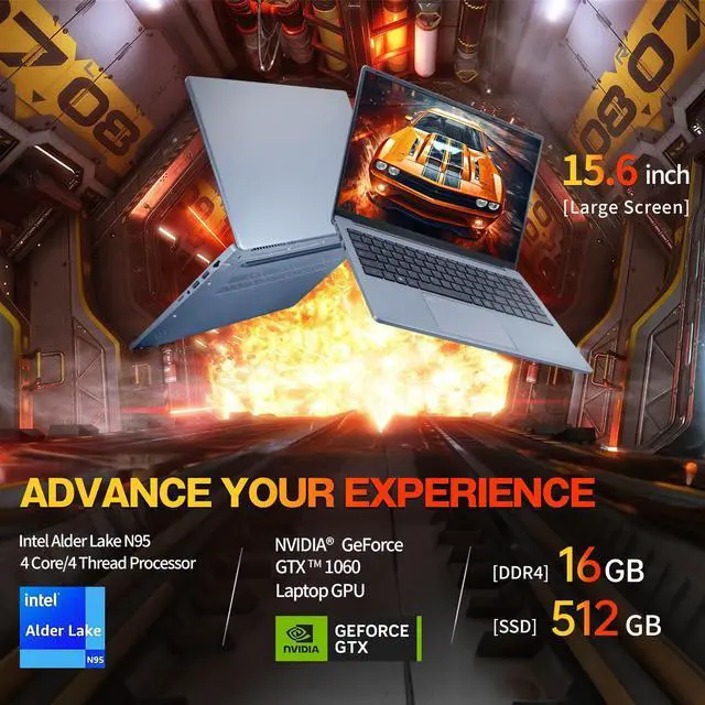 Alt view image 2 of 5 - BINHENGLON 15.6 inch Narrow Border Laptop, Celeron N95 UHD + GTX 1060 4GB,16G DDR4 Quad-Core,1920x1080 FHD IPS, Backlit Keyboard,Fingerprint Unlocking (Gray, 16GB+512GB SSD)