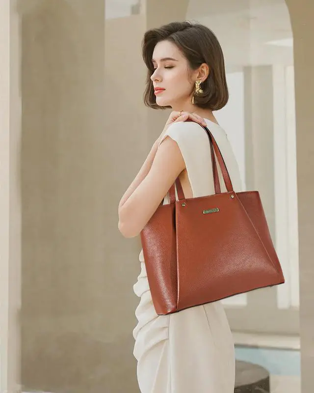Alt view image 4 of 5 - Blofinche Genuine Leather Tote Bag for Women Large Handbag Purse 2 Pocket, 15.6inch Laptop Compartment, Work Office Computer