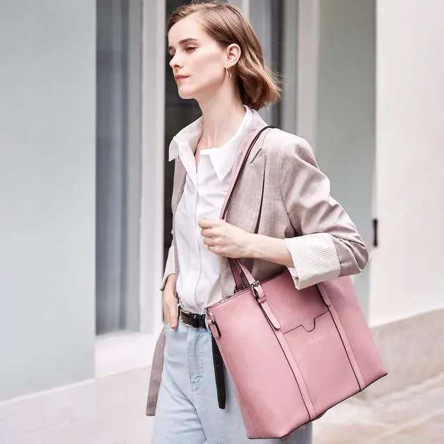Alt view image 2 of 5 - BOSTANTEN Women Leather Laptop Tote Office Shoulder Handbag Vintage Briefcase 15.6 inch Computer Work Purse Pink