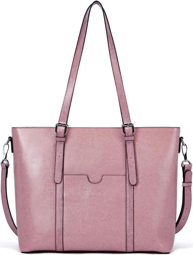 Main image of BOSTANTEN Women Leather Laptop Tote Office Shoulder Handbag Vintage Briefcase 15.6 inch Computer Work Purse Pink