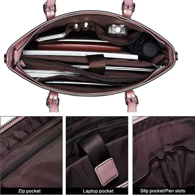 Alt view image 4 of 5 - BOSTANTEN Women Leather Laptop Tote Office Shoulder Handbag Vintage Briefcase 15.6 inch Computer Work Purse Pink