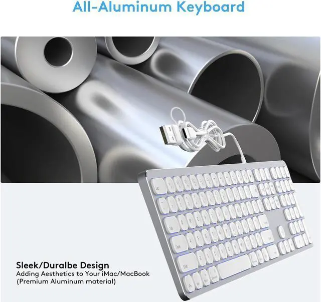 Alt view image 3 of 5 - White Aluminum Backlit Keyboard for Apple Mac OS,Plug-N-Play, USB-A/USB-C Wired Keyboard with Numeric Keypad for iMac/Mac Mini or MacBook Laptop