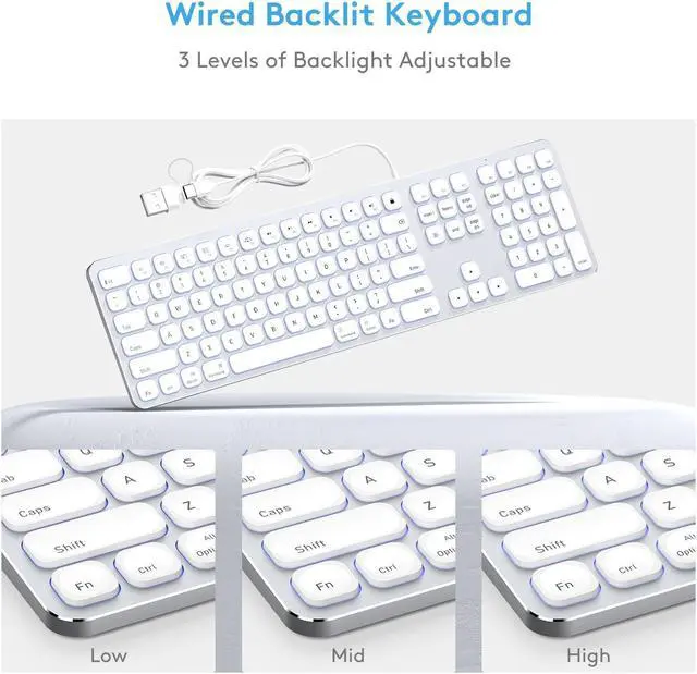 Alt view image 4 of 5 - White Aluminum Backlit Keyboard for Apple Mac OS,Plug-N-Play, USB-A/USB-C Wired Keyboard with Numeric Keypad for iMac/Mac Mini or MacBook Laptop