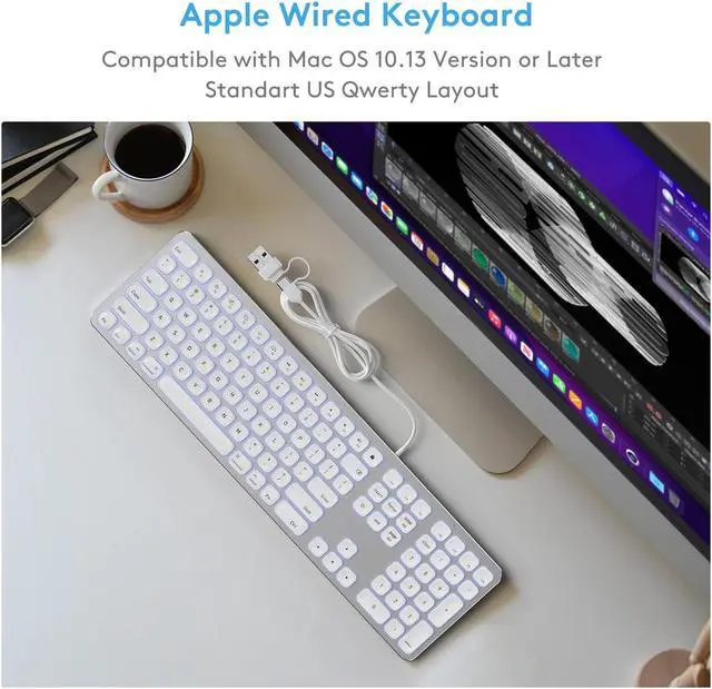 Alt view image 5 of 5 - White Aluminum Backlit Keyboard for Apple Mac OS,Plug-N-Play, USB-A/USB-C Wired Keyboard with Numeric Keypad for iMac/Mac Mini or MacBook Laptop