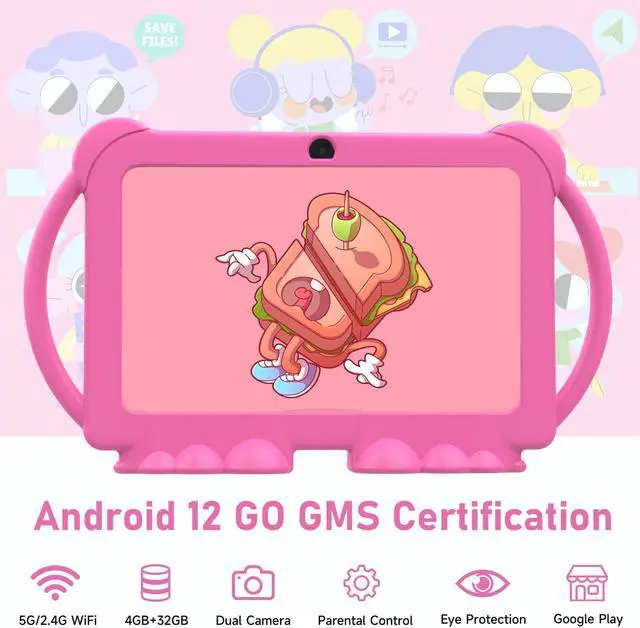 Alt view image 2 of 5 - Android 12 Kids Tablet, 7 inch Tablet for Kids, 4GB RAM 32GB ROM Toddler Tablet with Case, Quad-core Processor, 1024*600 IPS Screen, Parental Control, Dual Camera, IWAWA APP Children Tablet for Girls