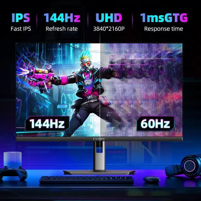 Alt view image 2 of 5 - CUNPU 27 Inch 4K 144Hz Gaming Monitor, UHD 3840x2160 Fast IPS Panel PC Monitor, 1ms GTG, HDR10, 99% DCI-P3, Freesync & G-sync, Height/Pivot/Tilt/Swivel Adjustment, Built-in Speaker, HDMI,DisplayPort