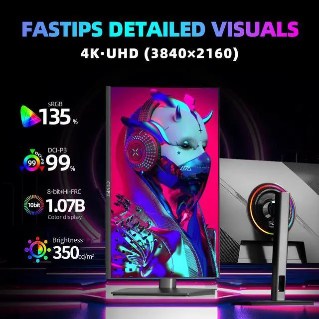 Alt view image 3 of 5 - CUNPU 27 Inch 4K 144Hz Gaming Monitor, UHD 3840x2160 Fast IPS Panel PC Monitor, 1ms GTG, HDR10, 99% DCI-P3, Freesync & G-sync, Height/Pivot/Tilt/Swivel Adjustment, Built-in Speaker, HDMI,DisplayPort