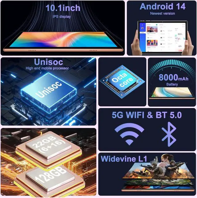 Alt view image 4 of 5 - DEERTiME Tablet Android 14 Tablets 10.1 inch with 22GB RAM 128GB ROM, Octa-Core Processor 8000mAh TF 1TB, G+G HD IPS Display Tableta, Dual Camera, Widevine L1 Bluetooth GPS Tablet PC (Rose Gold)
