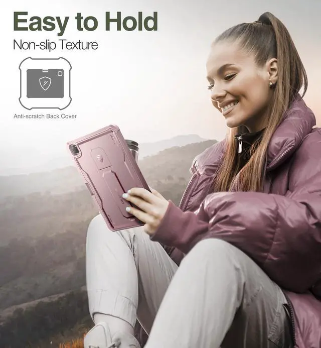 Alt view image 4 of 5 - Dexnor for iPad Pro 12.9 Inch Case 2022/2021/2020(6th/5th/4th), Heavy Duty Shockproof Dual Layer Full-Body Bumper Protective Cover with Built-in Screen Protector & Kickstand & Pen Holder - Matte Pink